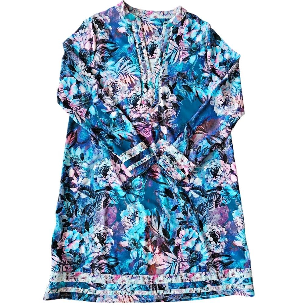 Soft Surroundings UPF Spring Break Colorful Floral Botanical Print Dress Blue S